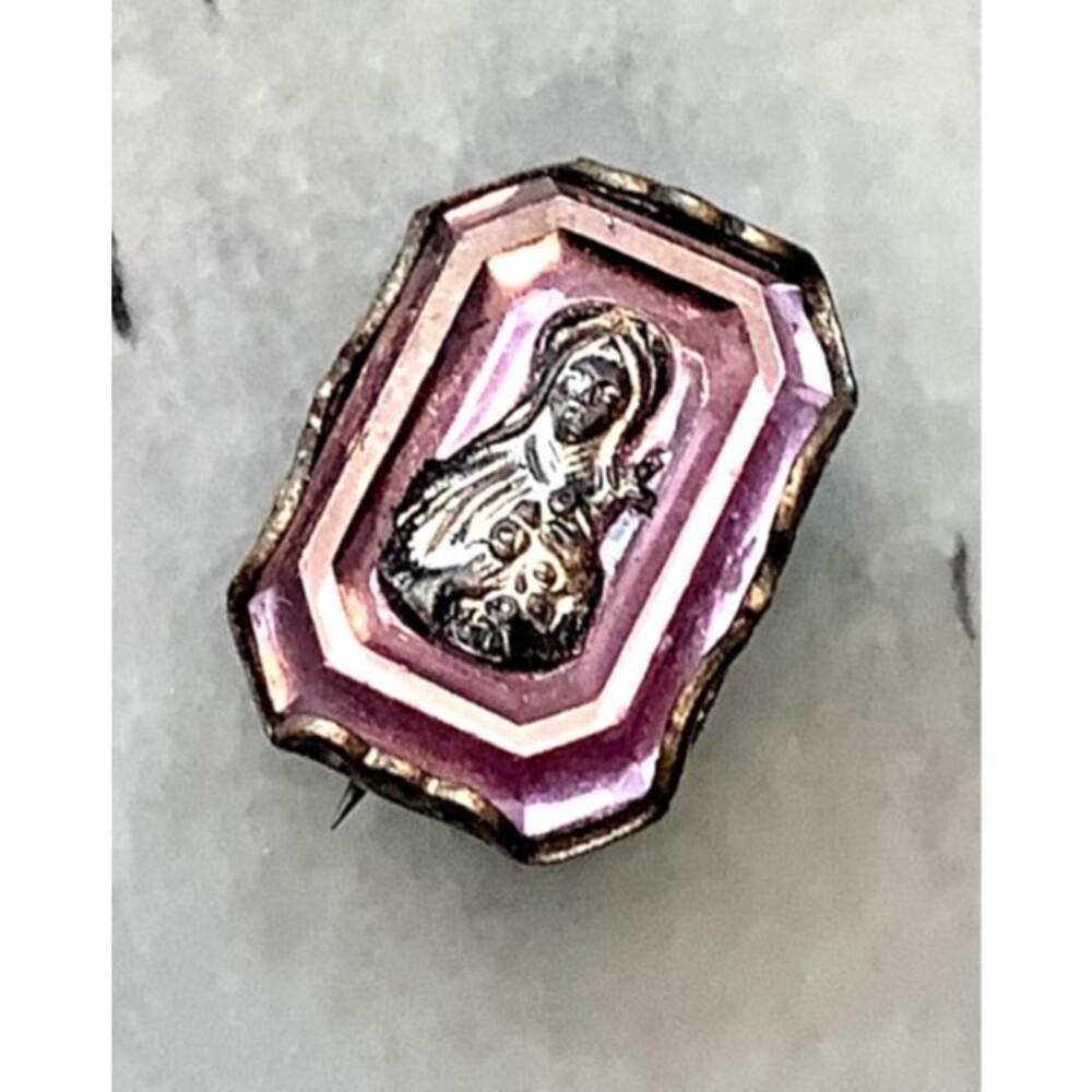 Antique Virgin Mary Brooch Purple Glass C Clasp Pin Rectangle Faceted Religious